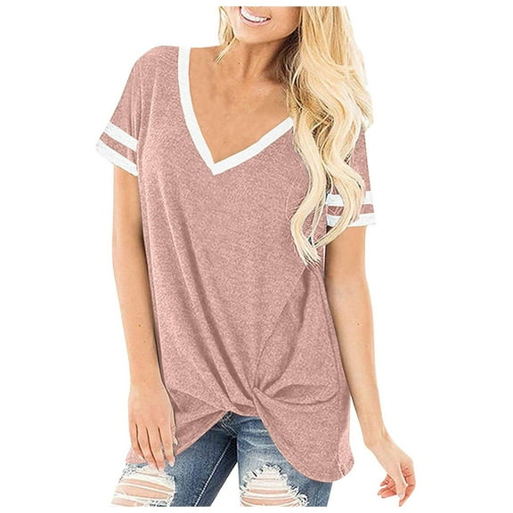 Summer Saving Wycnly Womens Tops Dressy Casual Short Sleeve V-Neck Color Block Summer Shirts Loose Fit Soft Breathable Twist Knotted Workout Shirts Blouse Pink S Clearance Clothes
