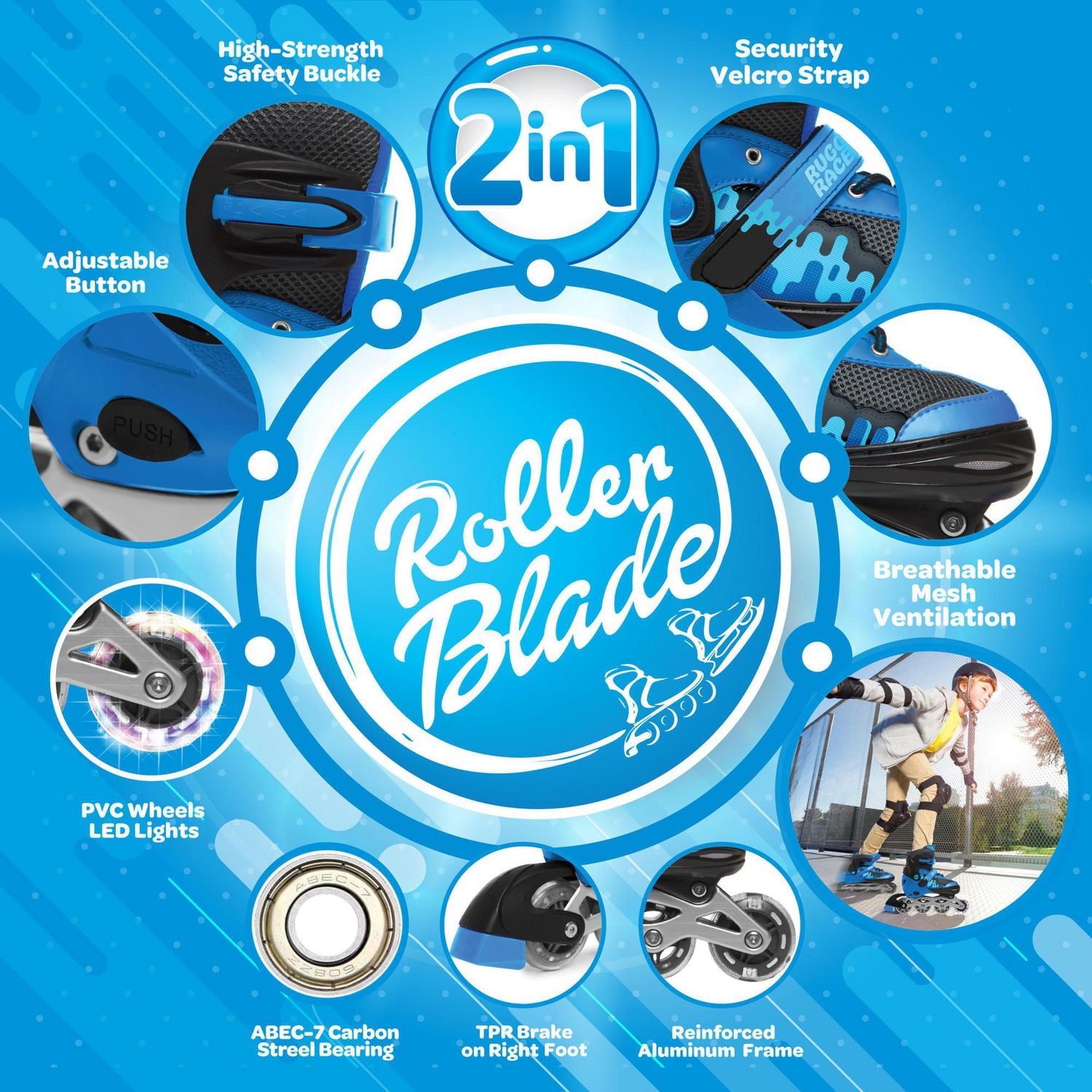 Patins à roulettes et patins à glace ajustables et convertibles Rugged Racer pour enfants - Moyen - Bleu