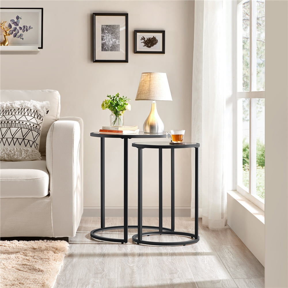 Topeakmart 2-Piece Round Nesting End Table Set with Metal Frame and Glass Top, Black