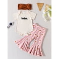 thumbnail image 2 of Bagilaanoe 3pcs Newborn Baby Girl Long Pants Set Letter Print Short Sleeve Romper Tops + Floral Flare Trousers + Headband 6M 12M 18M 24M Infant Casual Outfits, 2 of 9