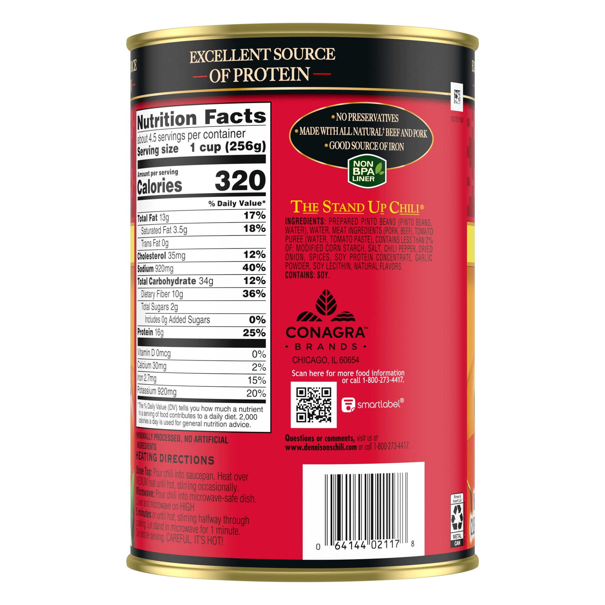 Dennison's Original Chili Con Carne with Beans, 16g Protein Per Serving, 40 oz. Can