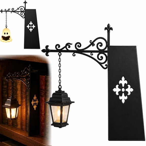 Ghost Bookshelf Lantern, Library Mini Bookshelf Lamp, Little Cute Lantern-Decorative Library Hanging Resin Lighting, Miniature Halloween Vintage Patchwork Reading Book LED Nightlight