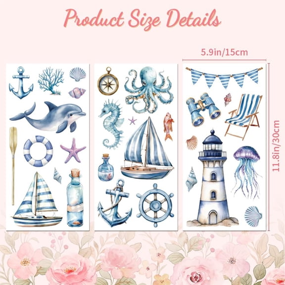 Rub on Transfer Decal Sticker for Furniture Craft Decor 6"x12" Colorful Nautical Element 3Pcs Waterproof UV DTF Transfer for Drawer Dresser Glass Porcelain Wood Plastic Window