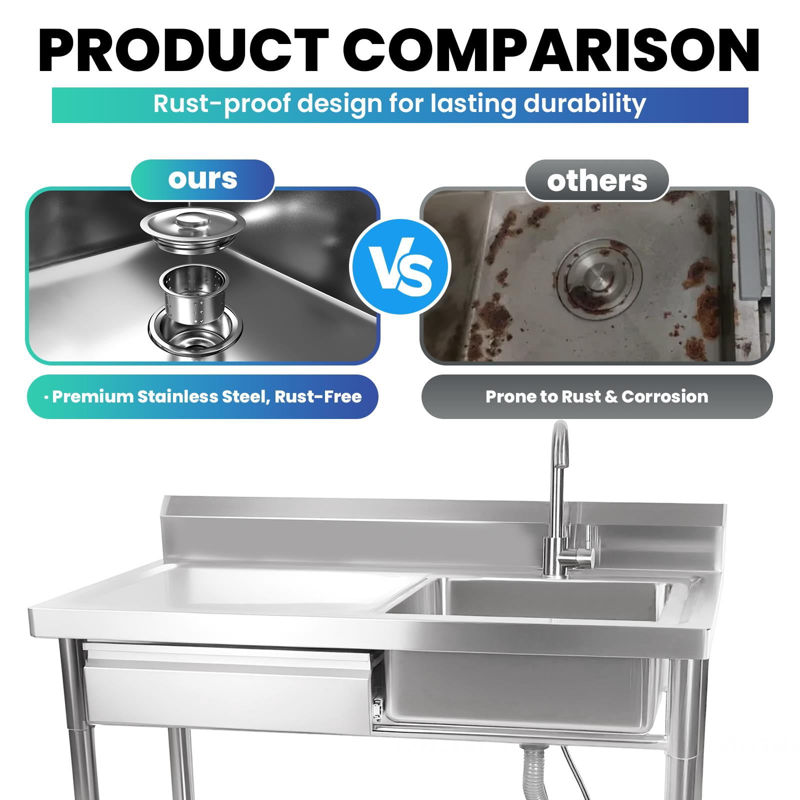 1-Drawer Kitchen Sink, Stainless Steel Commercial Sink With Workbench And Bottom Shelf,Free Standing Utility Sink With Hot And Cold Water Connection,For Garage Or Laundry Room