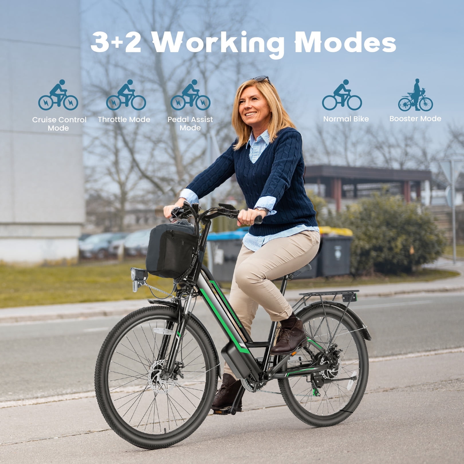Elifine 500W Electric Bike for Adults, 26" Commuter Electric Bicycle 19.8mph City Ebike with 5 Riding Modes, 48V 7.8Ah Removable Battery UL 2849, LCD Intelligent Display Hybrid Electric Bike Green