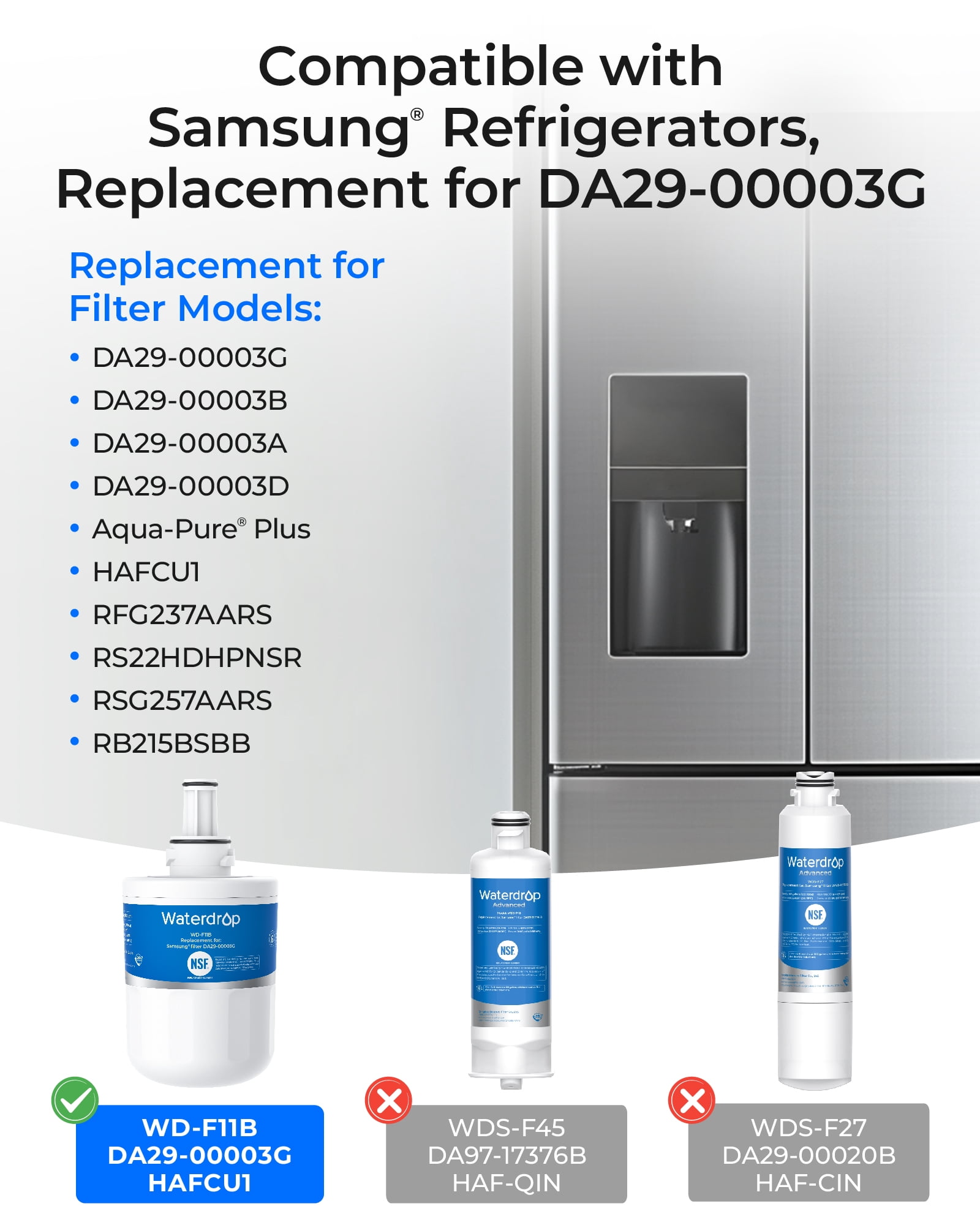 Waterdrop WD-F11B Refrigerator Water Filter, Replacement for Samsung® DA29-00003G, DA29-00003B, DA29-00003A, Aqua-Pure Plus, HAFCU1, RFG237AARS, FMS-1, RS22HDHPNSR, RSG2, 3 Filters (Package May Vary)