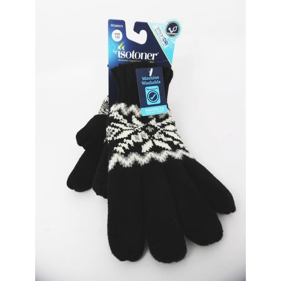 Isotoner Gloves Womens Plush Black Snowflake Smart Dri Sherpa Knit