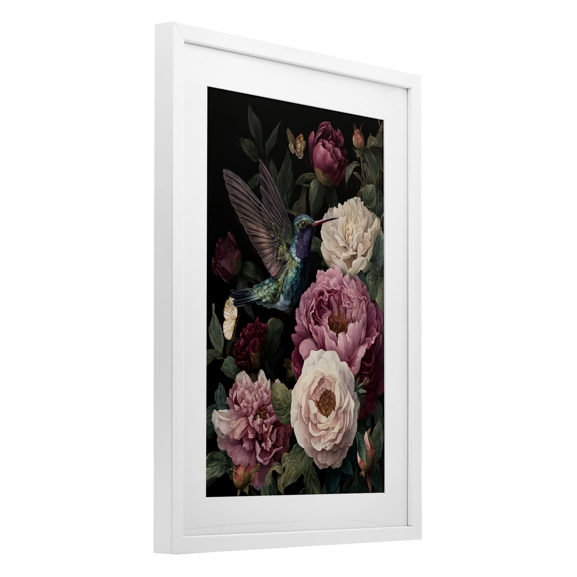 Stupell Industries Hummingbird & Lush Peonies White Framed Print Under Glass, design by The Wands Want