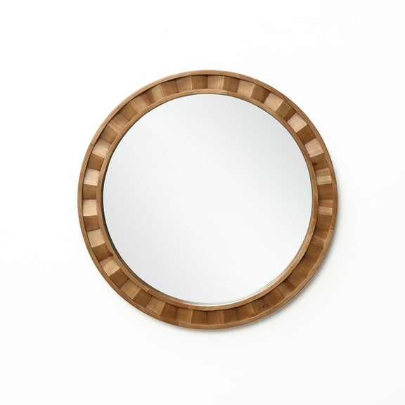 LuxenHome Natural Wood Frame Round Wall Mirror, 28” Rustic Wooden Decor