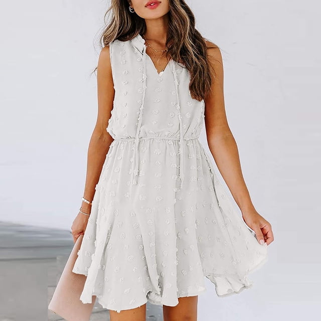 Yutk Robe de Maternité en Liquidation Femme Chiffon à Pompon Col en V Uni Sans Manches à Cordon Jupe Courte Robe Blanc TG