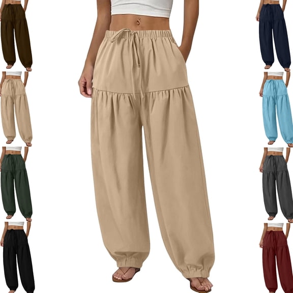 Gamivast Linen Harem Pants Women Smocked Elastic High Waist Ruched Balloon Pants Summer Loose Fit Lounge Pants Solid Baggy Boho Beach Vacation Wear