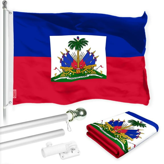 G128 Combo Pack: 6 Ft Tangle Free Spinning Flagpole (Silver) & Haiti Flag 3x5 Ft Printed 150D Polyester, Brass Grommets (Flag Included) Aluminum Flag Pole