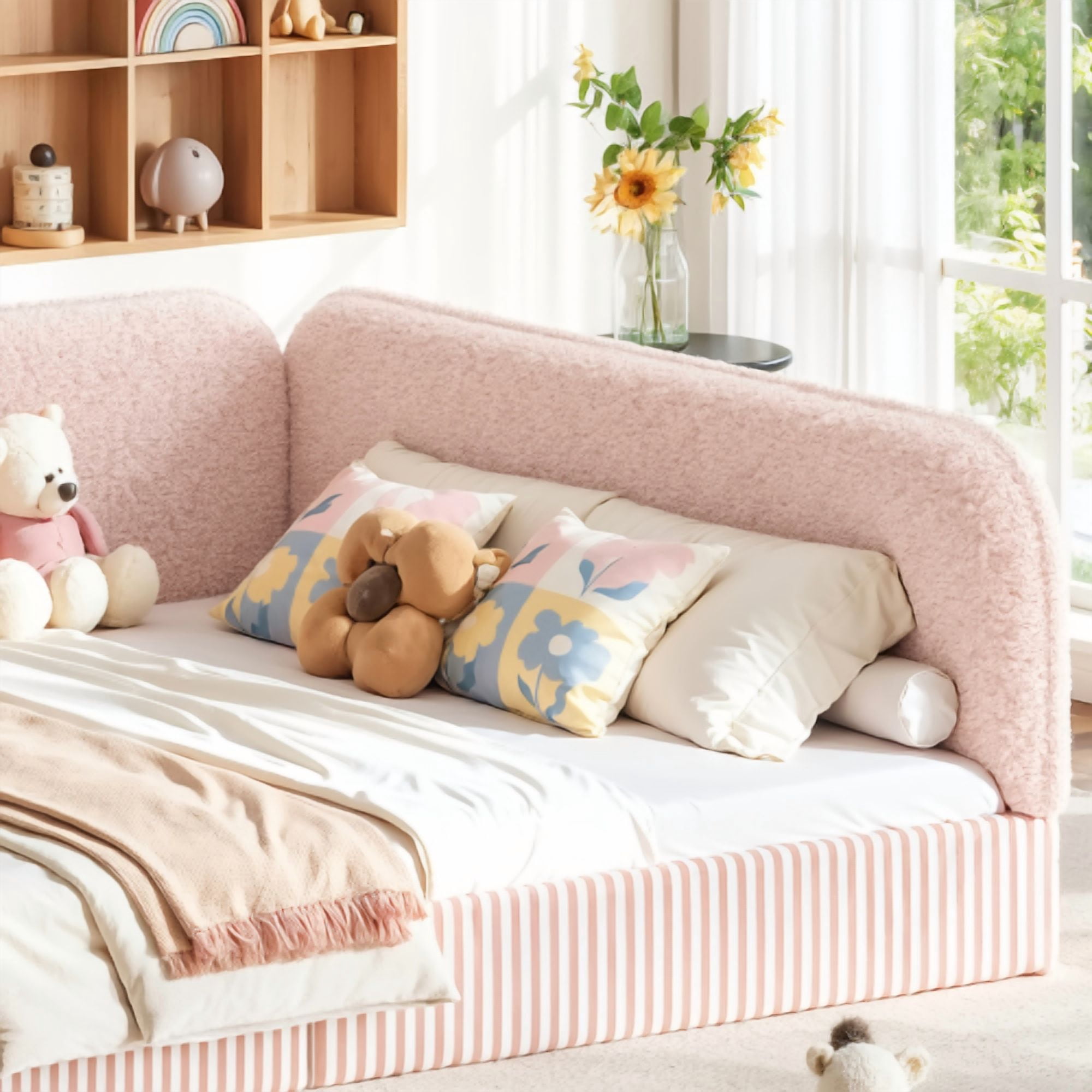 Queen Size Upholstered Teddy Fleece Floor Bed Frame, Half-Enclosed Montessori Low Profile Platform Bed with Full-Perimeter Guardrails for Kids, Pink