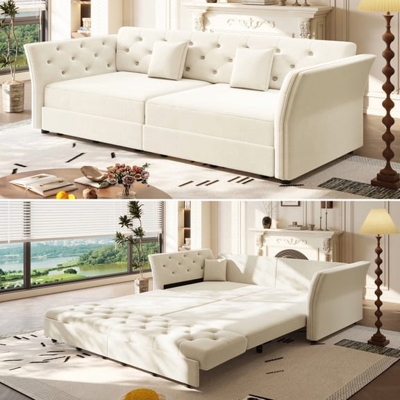 74.4"W Velvet Tufted 2-in-1 Pull Out Sofa Bed, Convertible Sleeper Sofa, Upholstered Large 3-Seater Loveseat Couch