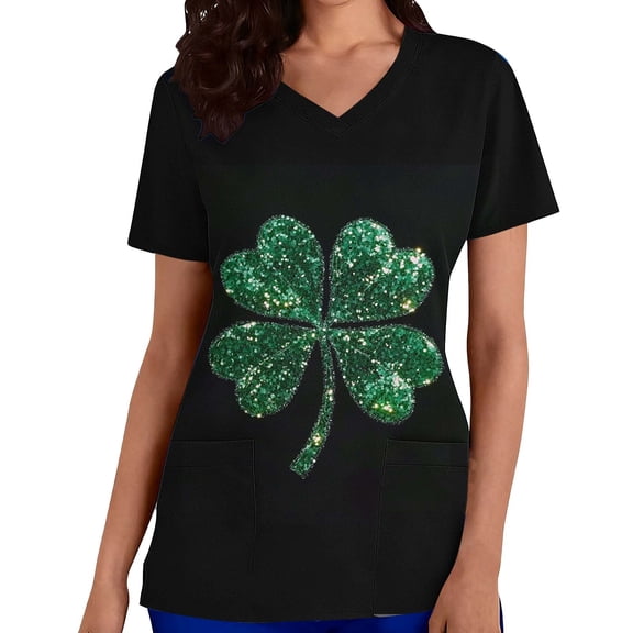 Uaswgudfs Women's St. Patrick's Day Scrubs Top - Ladies V-Neck Short Sleeve Scrub Shirt, Womens Scrub Top with Pockets Black L