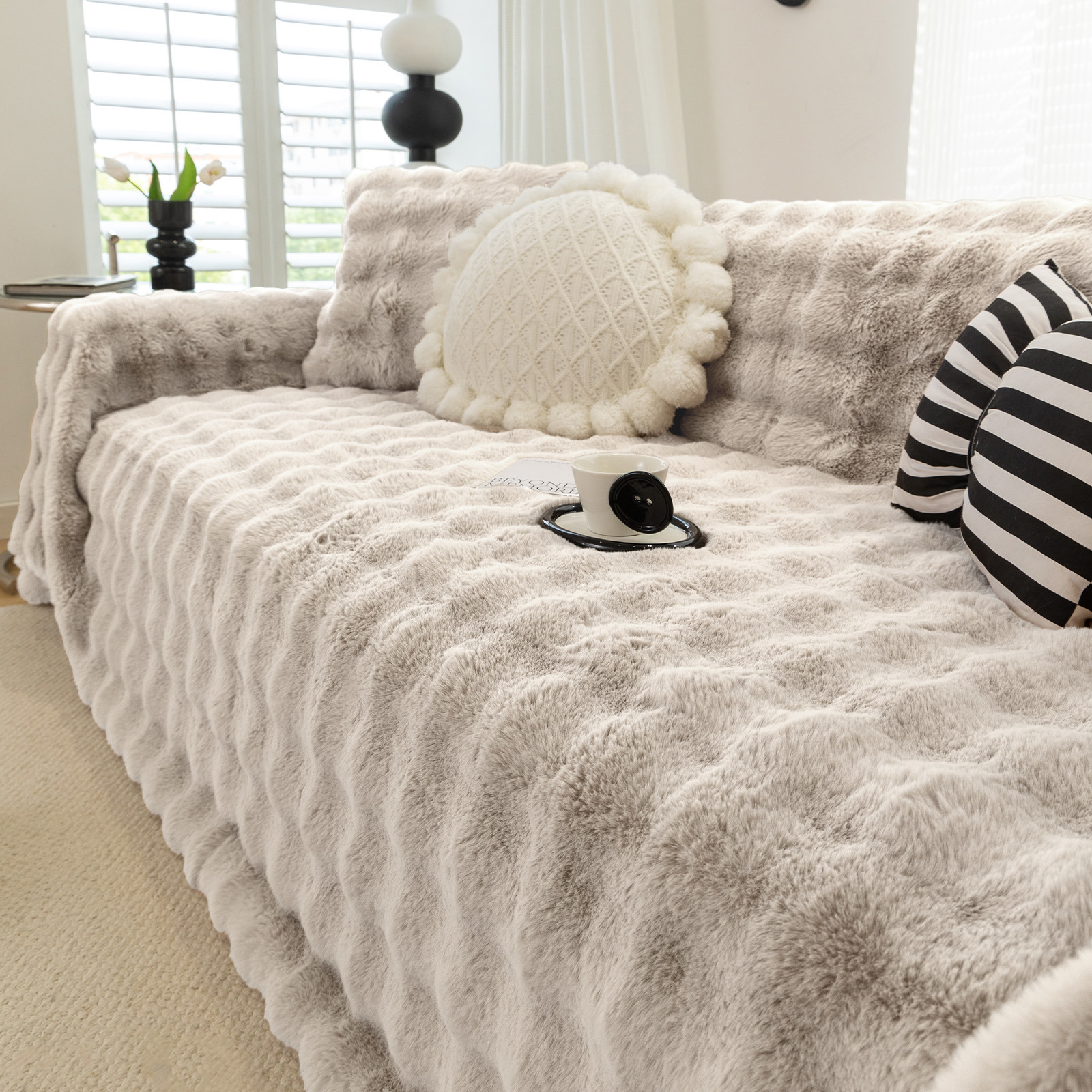 WOOW DEPOT Warm Faux Rabbit Fur Sofa Cover Machine Washable, Thick Throw Blanket L Shape Slipcover for 3 Cushion Couch, Coffee 71"x134"