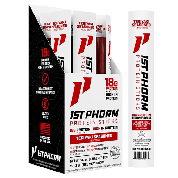 1st Phorm Protein Meat Sticks, Teriyaki Flavor, 18g Protein Per 2 oz. Stick (15 Count)