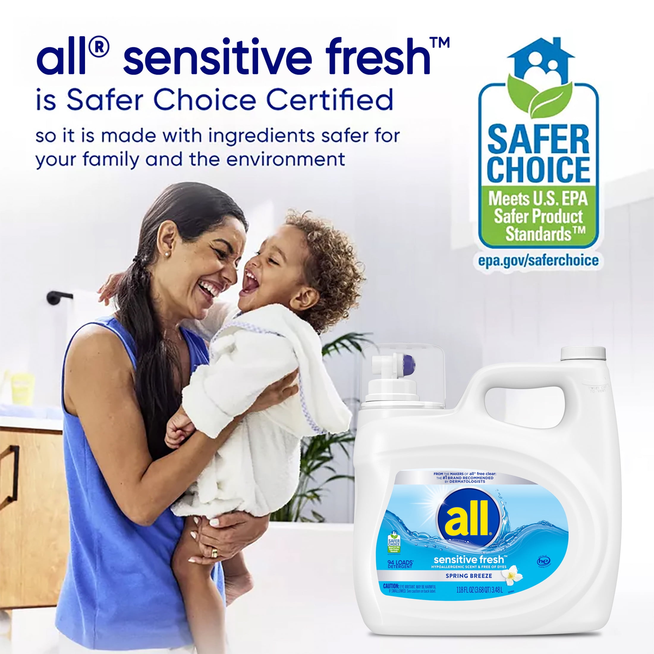 all Sensitive Fresh Liquid Laundry Detergent, Spring Breeze, 118 oz, 94 Loads