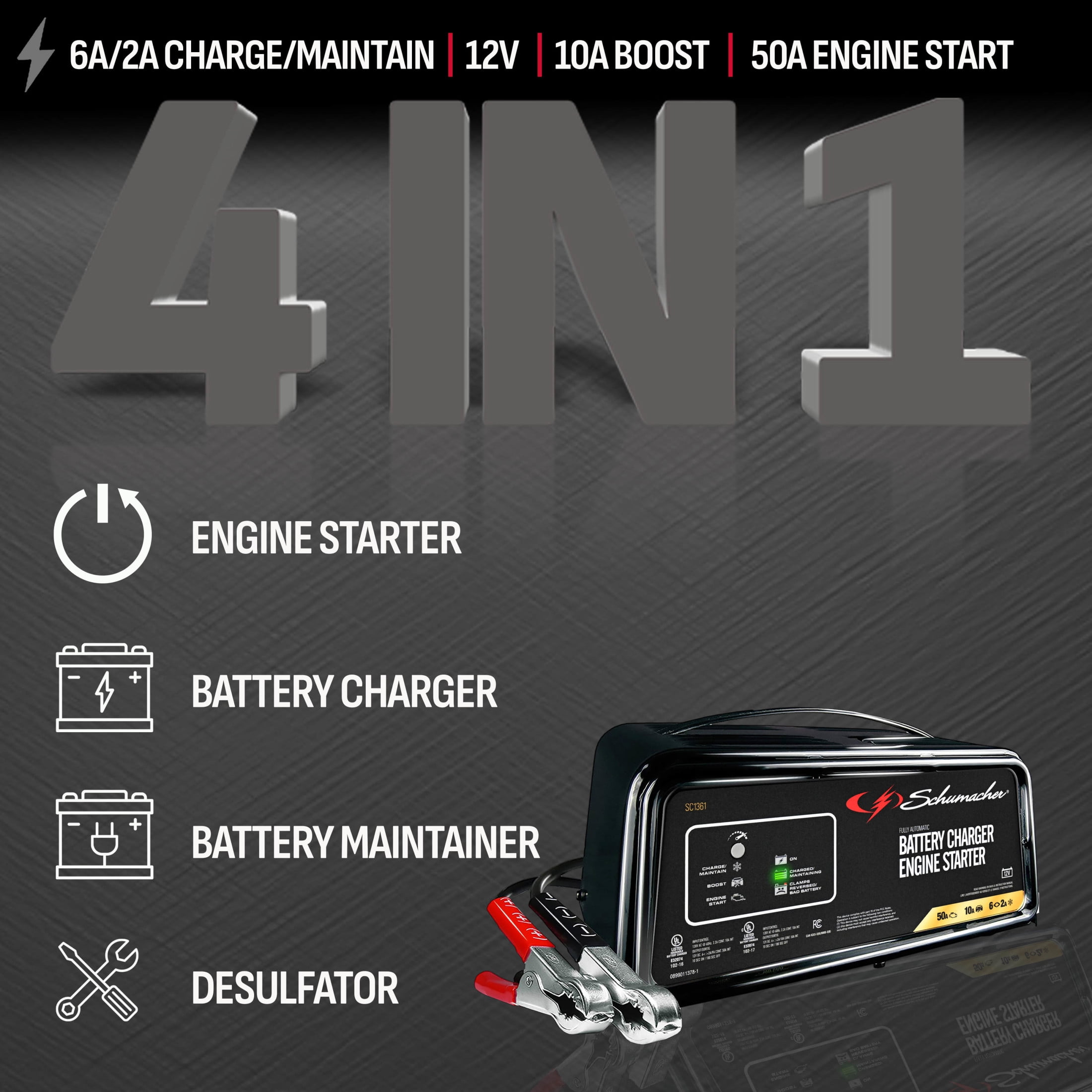 Schumacher Electric 6A Car Battery Charger/50A Engine Starter, Maintainer, 10A Boost, 12V Sport, Auto, and Marine Batteries, SC1361