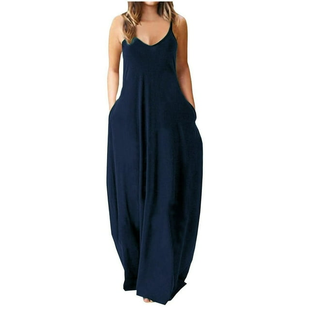 Robe d'Été Maxi pour les Femmes Casual Boho Longue Robe Sans Manches Sangle Smocked Tiered Longues Robes de Plage Soleil