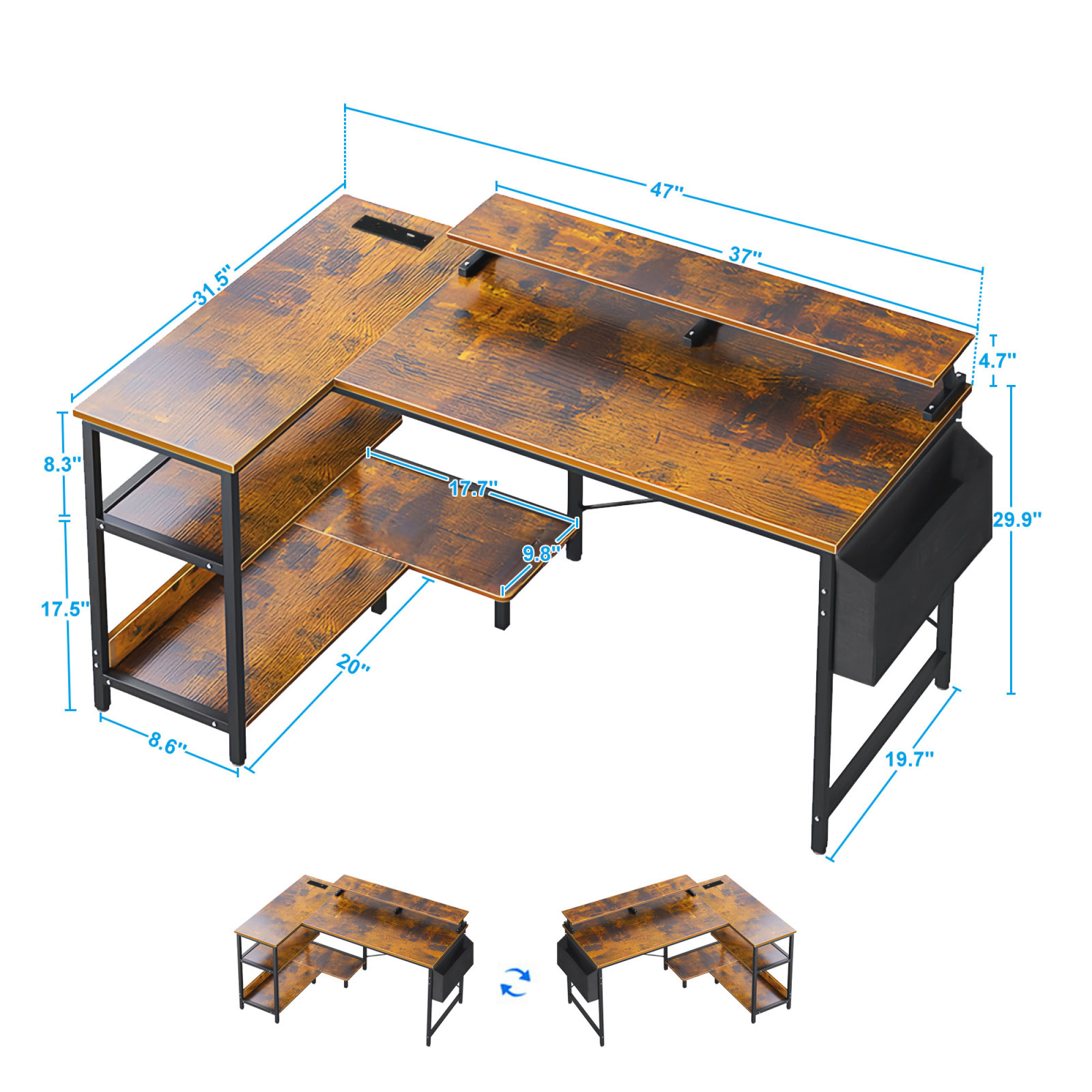 L Shaped Computer Desk with Monitor Stand 47'' Gaming Desk with Power Outlets, Office Desk with Side Bag for Home Office, Bedroom