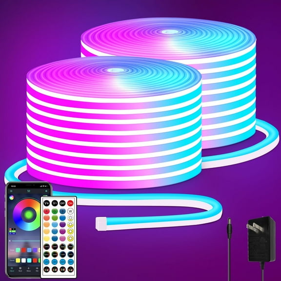 100FT RGB LED neon Rope Lights with Remote/APP Control 24V IP65 Waterproof Flexible Neon Strip for Bedroom Room Outdoors Decor（2 Rolls of 50ft）