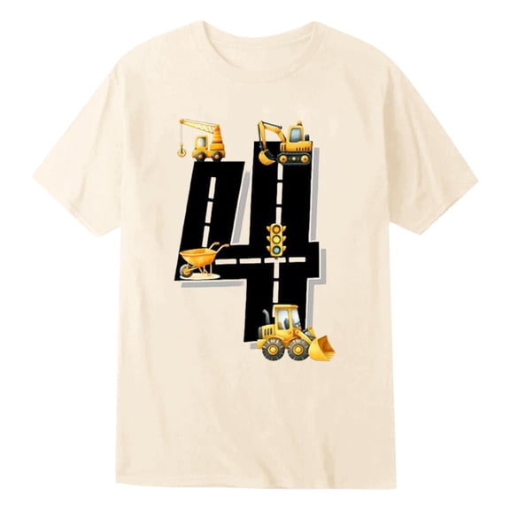 Byoo Toddler Boys 4th Birthday Tshirt Construction Vehicle Graphic Short Sleeve Crew Neck Kids T Shirt,Beige