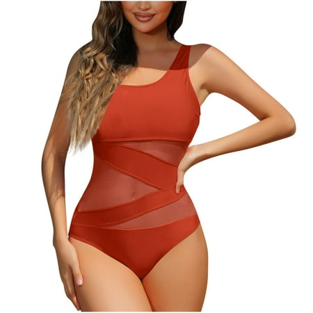 Yghzkop Womens Halter Neck Swimsuit Solid Color Sheer Mesh Built In Bra No Wire Sexy Backless Tummy Control Summer Bathing Suit One Piece