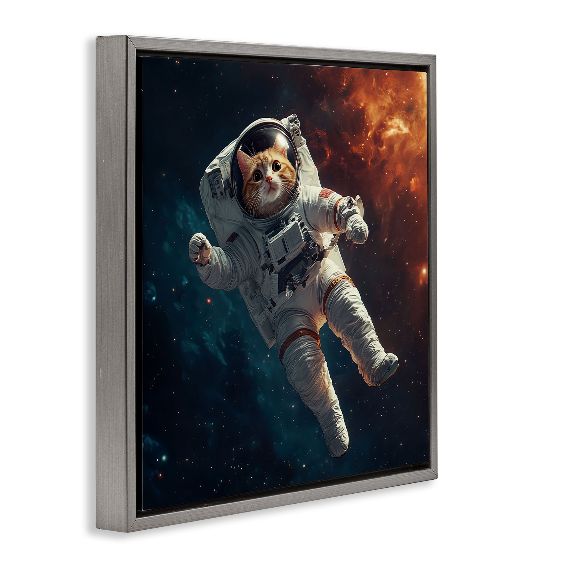 Interstellar Cat Astronaut Gray Framed Floater Canvas Wall Art, design by Jim Baldwin