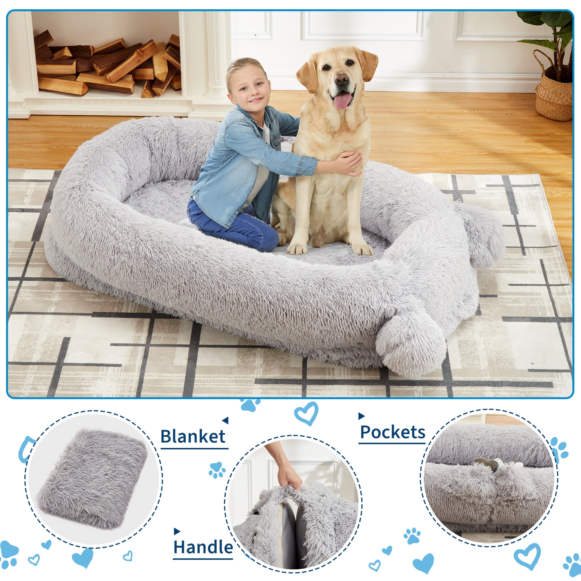 Human Dog Bed for Adults, Human Size Dog Bed Fits You and Pets, Washable Faux Fur Napping Orthopedic Dog Bed with Blanket & 2 Side Pockets, Grey