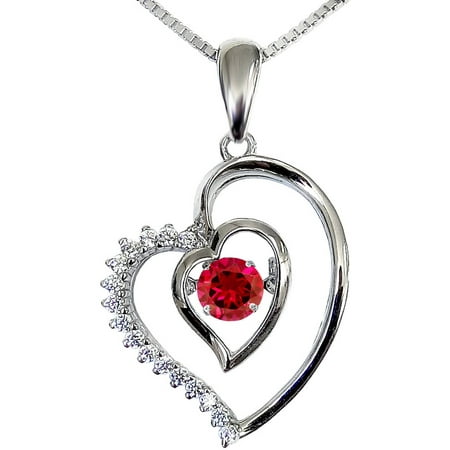 Created Ruby Dancing Stone Silver Heart Pendant