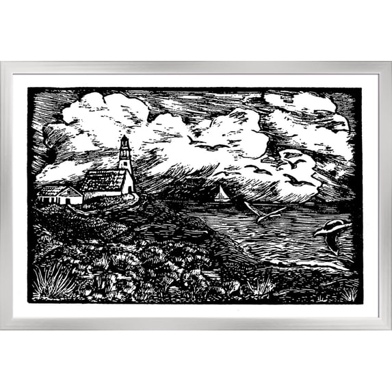 Cape Cod, Massachusetts - Vintage Seascape - Lantern Press Artwork (36x24 Giclee Art Print, Gallery Framed, Silver Wood)