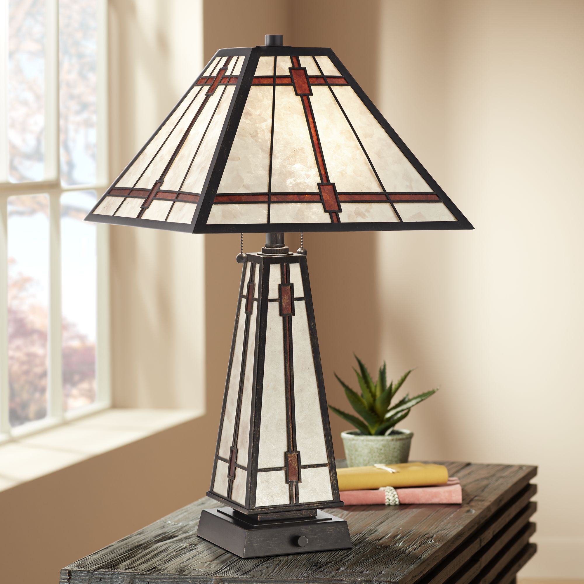 Franklin Iron Works Mission Rustic Table Lamp With Nightlight Led Bronze Tiffany Style Mica Living Room Bedroom Bedside Nightstand Walmart Com Walmart Com