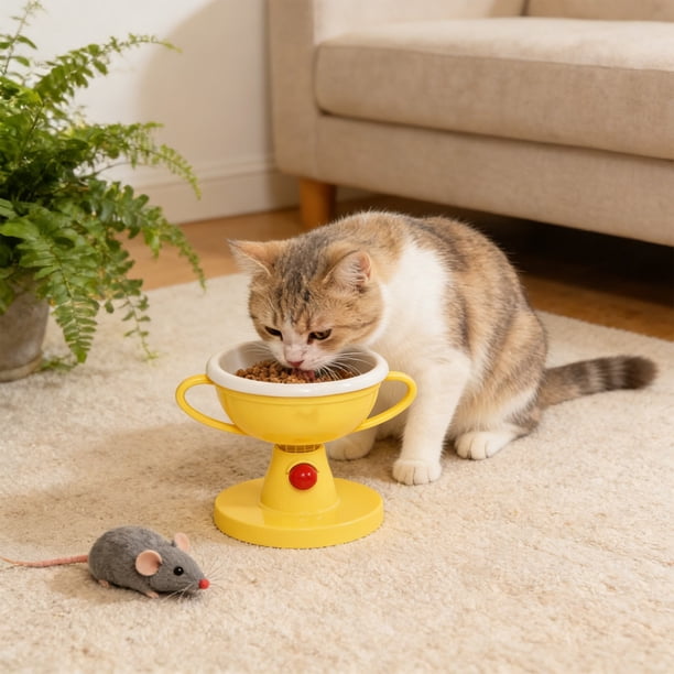 Cuenco de plástico con forma de trofeo para mascotas, con altura ajustable de 5 niveles, para el cuello y bebedero, apto para gatos y perros.