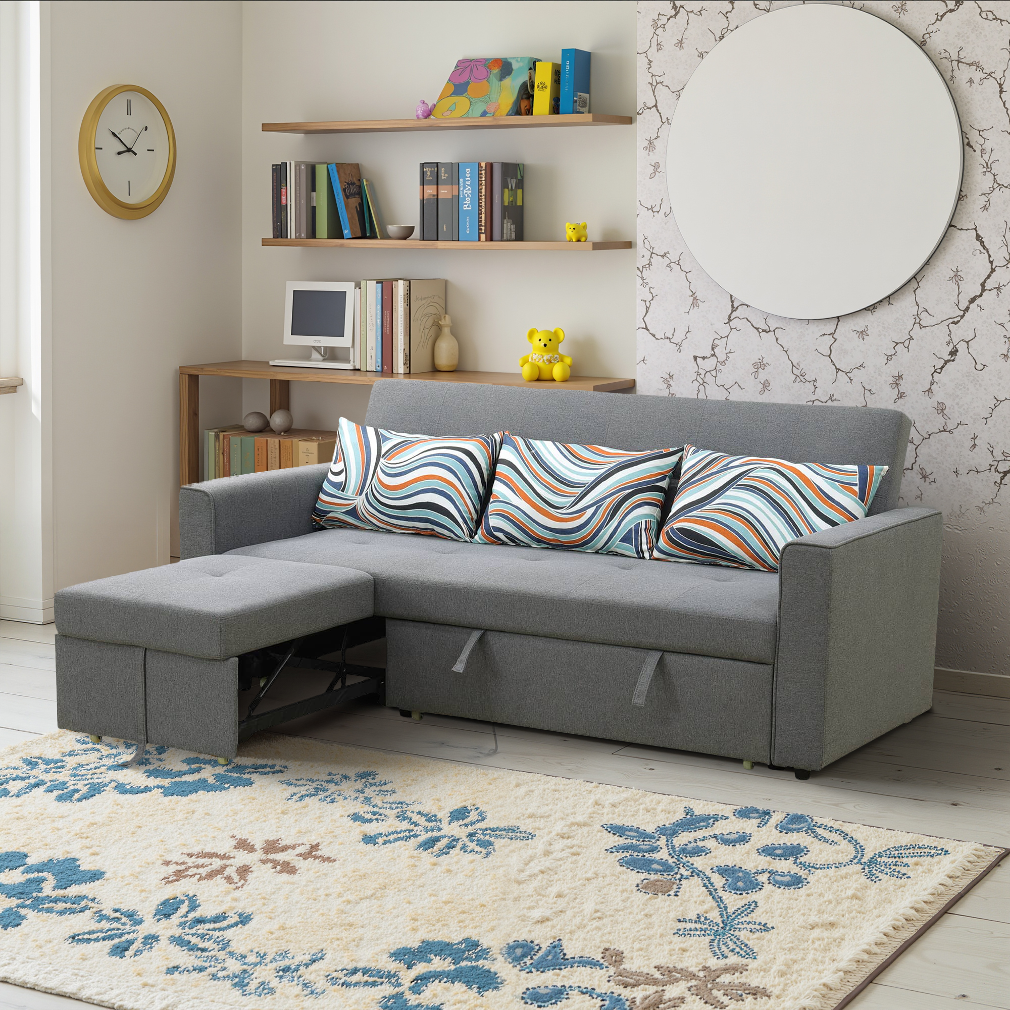 MAYEERTY Grey Fluffy Fabric 1-Piece Living Room Wide Sofabed