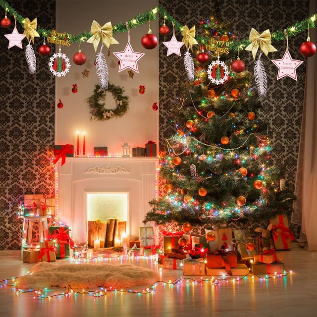 Guirnalda navideña con bola colgante de madera | Colgante de 220 cm de largo para repisa, pared y árbol | Decoración festiva para el hogar y la habitación