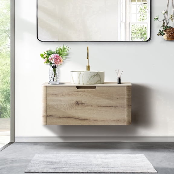 36" Bathroom Vanity with Sinks, Floating Plywood Storage Cabinet with Drawer Bathroom Vanity, Ceramic Vessel Basins & Sintered Stone Top Bathroom Sink - White Oak Vanity