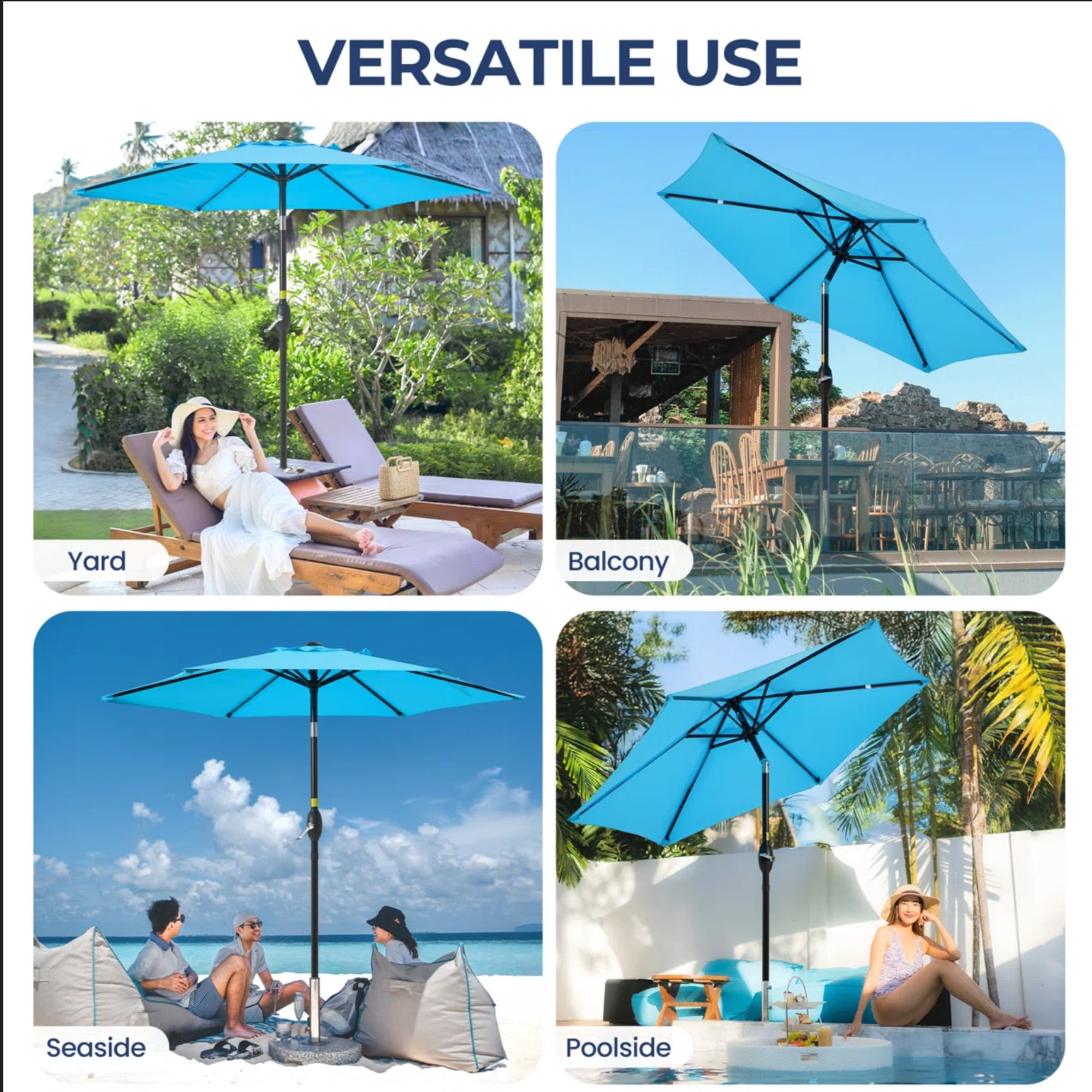 7.5 FT Blue Market Patio Umbrella with Crank Lift & Push‑Button Tilt, UV‑Resistant Waterproof Spun Polyester Canopy, Aluminum Pole Outdoor Shade for Backyard Pool Deck (Base Not Included)