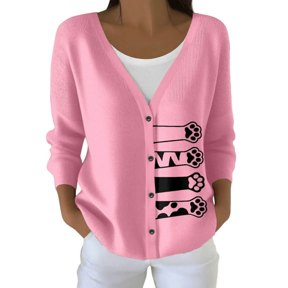 Cnbwig Sweaters for Women Trendy Elegant Long Sleeve Knit Cardigan Button Down Sweater Letter Knitted Coat Loose V Neck Jacket Fashion Hoodies Casual Sweaters A-Pink L