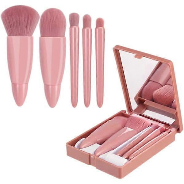 5 pcs Portable Makeup Brushes Set with Mirror Box Mini Cosmetic Brushes Travel Makeup Brushes Powder Foundation Blush Portable Makeup Brush
