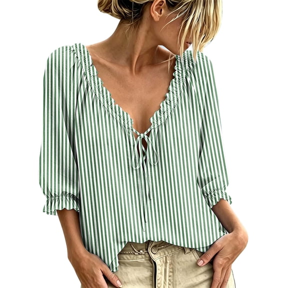 Maplenight Womens Boho Tops V Neck Striped Tie‑Front 3/4 Sleeve Blouses Casual Vacation Tops