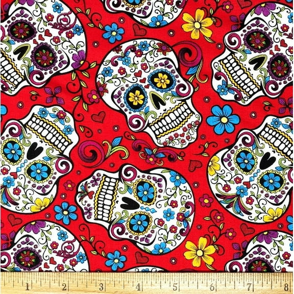 1/2 Yard - Colorful Sugar Skulls on Red Cotton Fabric (Great for Quilting, Sewing, Craft Projects, Throw Pillows & More) 1/2 Yard X 44" Wide