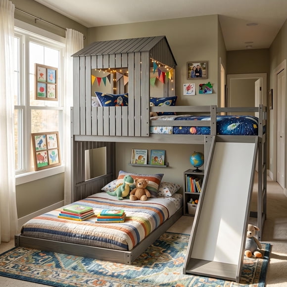 Homy Casa Twin Over Full House Bunk Bed with Slide and Ladder, Modern Wood Bed Frame with Guardrails and Slats, Gray
