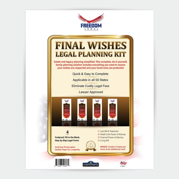 Final Wishes Kit: USA Legal Forms for Family Planning. 4, Fill-in-the-Blank Legal Forms: Last Will & Testament, Living Will, Health Care Power of Attorney, Financial Power of Attorney