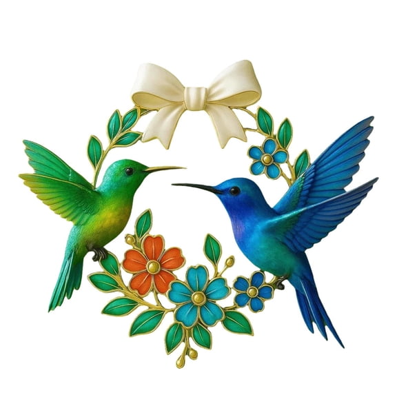 Rirozkan Hummingbird Wreath, Floral and Bird Hanging Pendant Decor, Metal Garden and Window Ornament, Colorful Spring Hanging Art, for Front Door and Porch Decoration