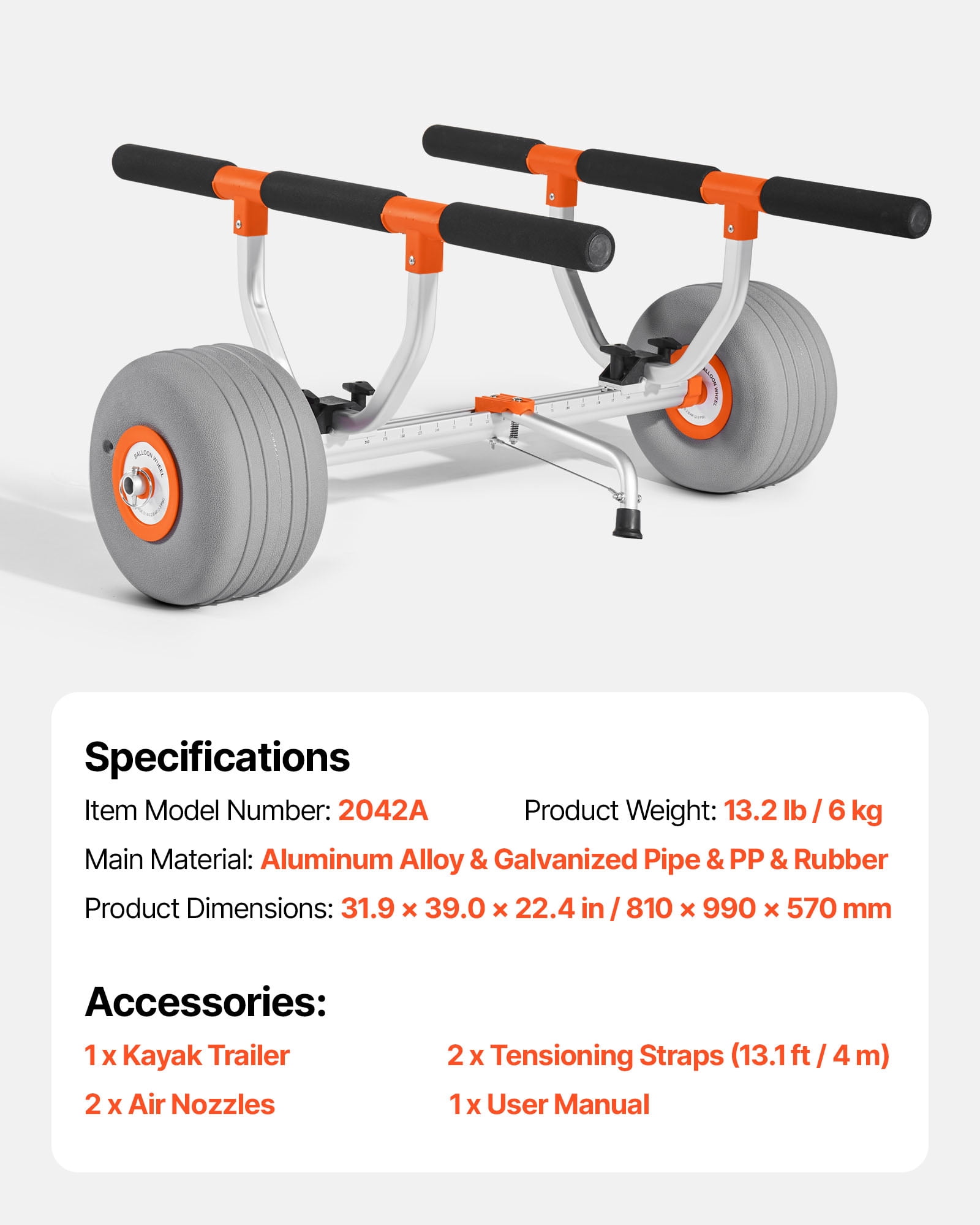VEVOR Kayak Cart, 350 lbs Load Capacity, Kayak Trolley with 12-inch Inflatable PU Tires & 2 Straps, Assembles & Disassembles Within Seconds, Paddle Board Trolley for Carrying Kayaks and Canoes