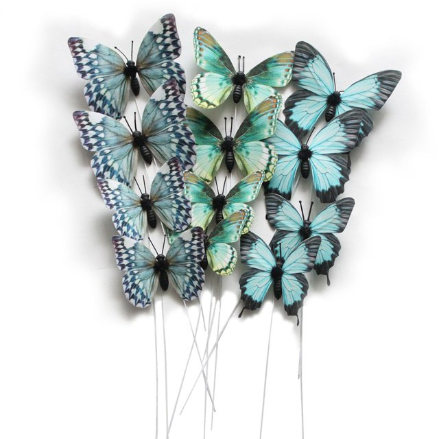 Decoraciones con mariposas, paquete de 12 estacas 3D para manualidades, color aguamarina