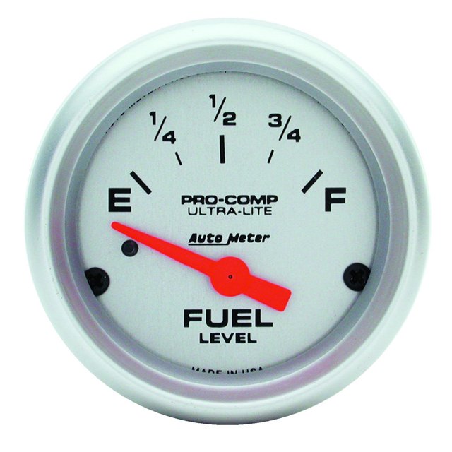 AutoMeter Gauge Fuel Level 4314 Ultra-Lite; 2-1/16 Inch; Short Sweep Electric; Analog; 0 Ohms Empty/90 Ohms Full; Silver Face/Brushed Bezel/Orange Needle; Incandescent Around The Dial