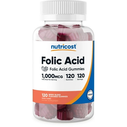 Nutricost Folic Acid (Vitamin B9) Vegetarian Gummies (120 Gummies / 1 mg Folic Acid Per Serving) | Folic Acid Supplement for Men & Women