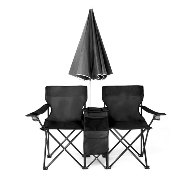 BoldGear Double Camping Chair with Umbrella, Folding Loveseat Chairs w/Canopy Shade, Carrying Bag, Table, Cup Holder, Portable Beach Chairs Outdoor Picnic Patio (Black)